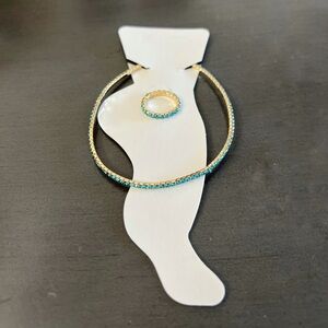 Gold & Blue Stretchy Allover Rhinestone Anklet Ankle Bracelet & Toe Ring Set